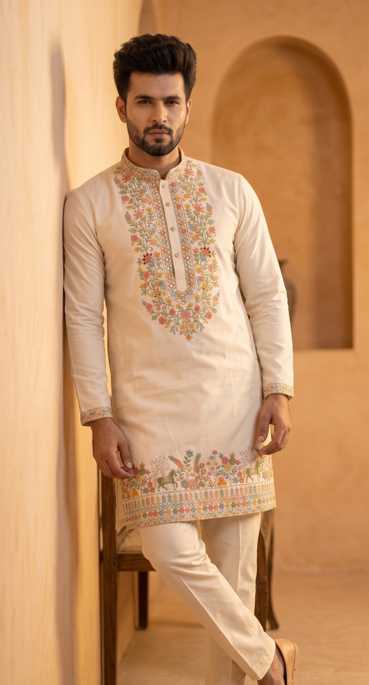 Kalamkari & Floral Embroidered Kurta