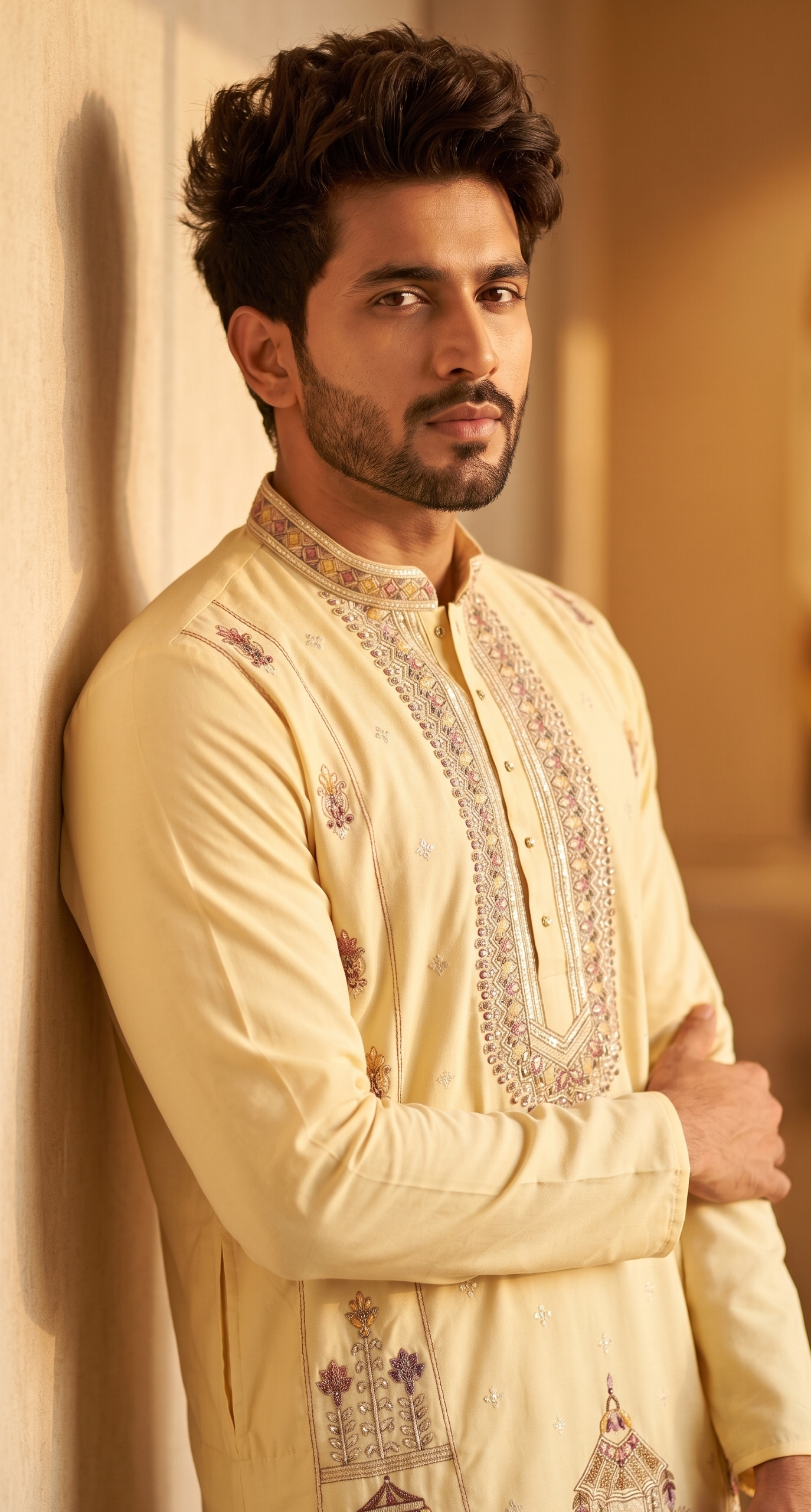 Cream Mughal Architectural Embroidered Kurta
