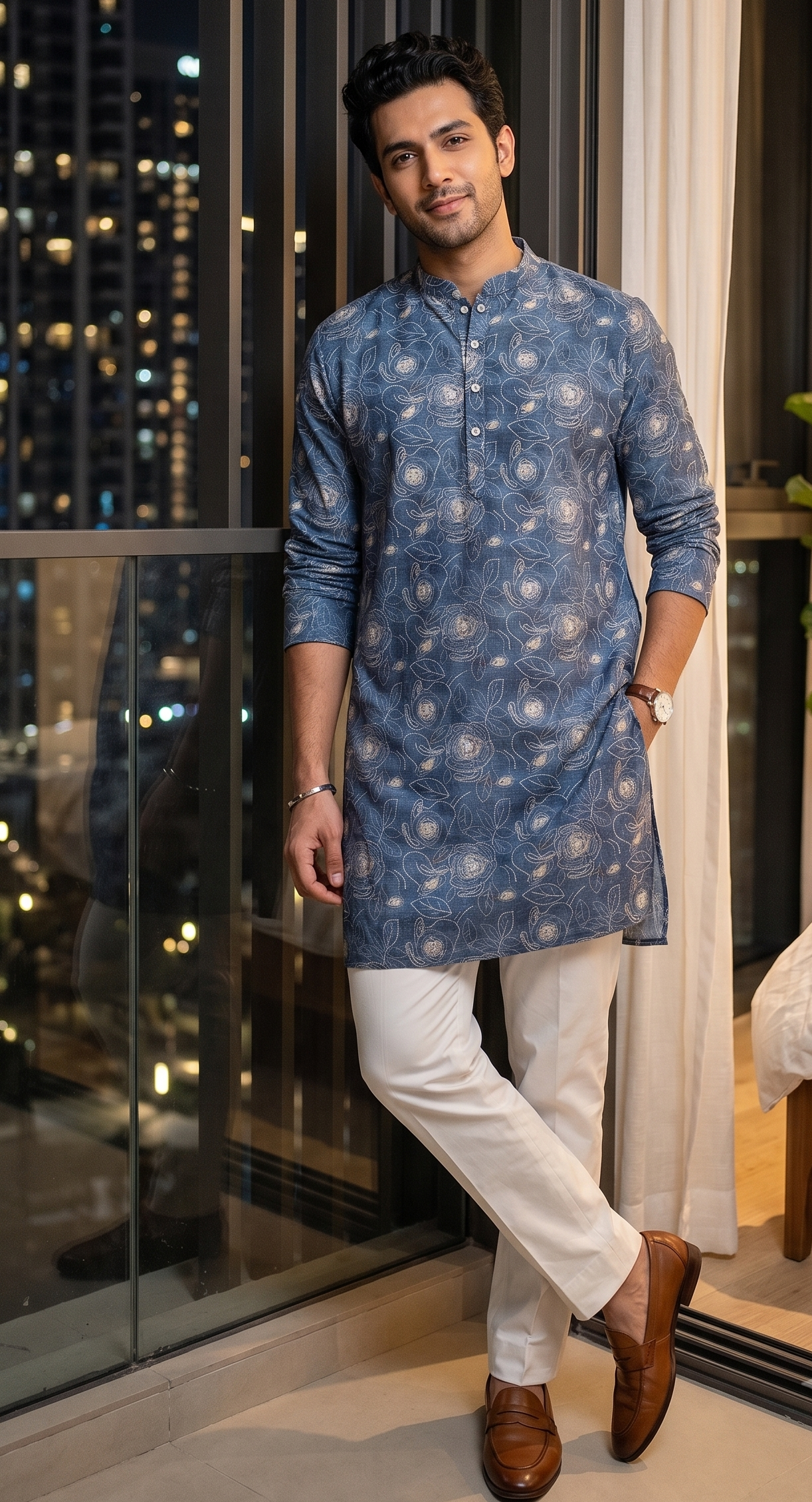 Steel Blue Floral Outline Kurta