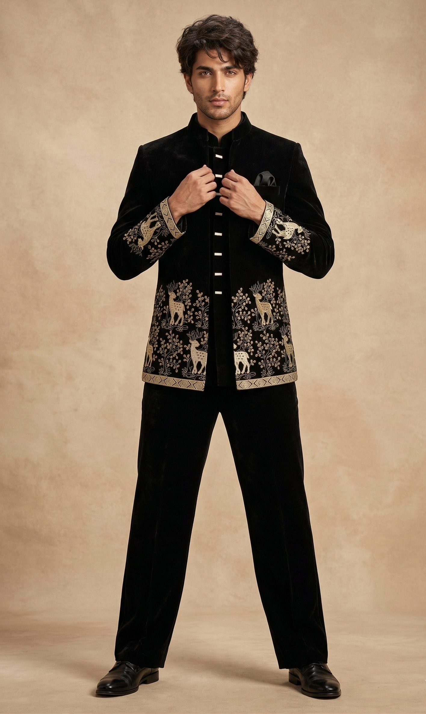 Black Velvet Deer & Forest Embroidered Jodhpuri Sherwani Set