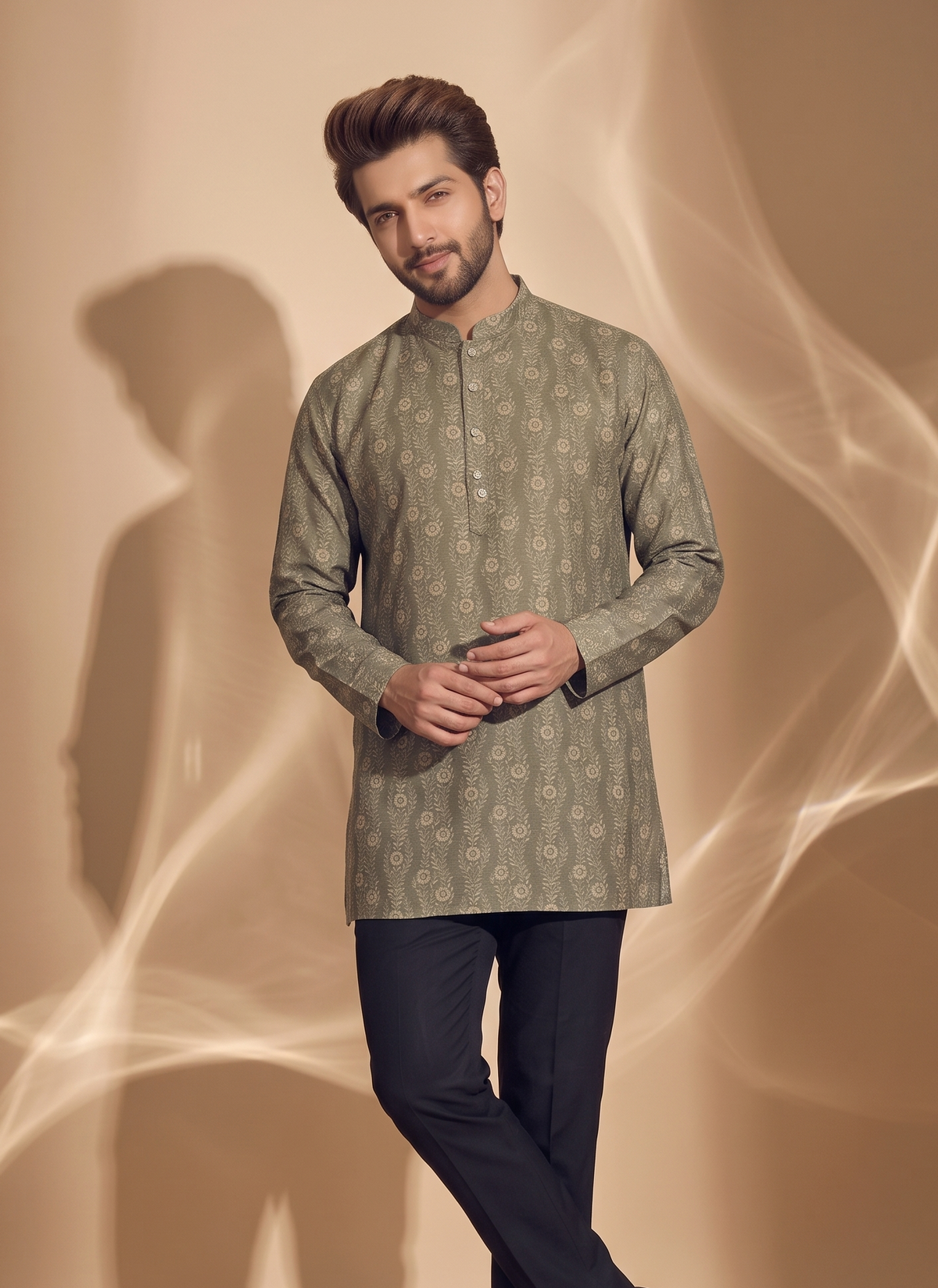 Steel Blue/Olive/Red  Floral Printed Short Kurta