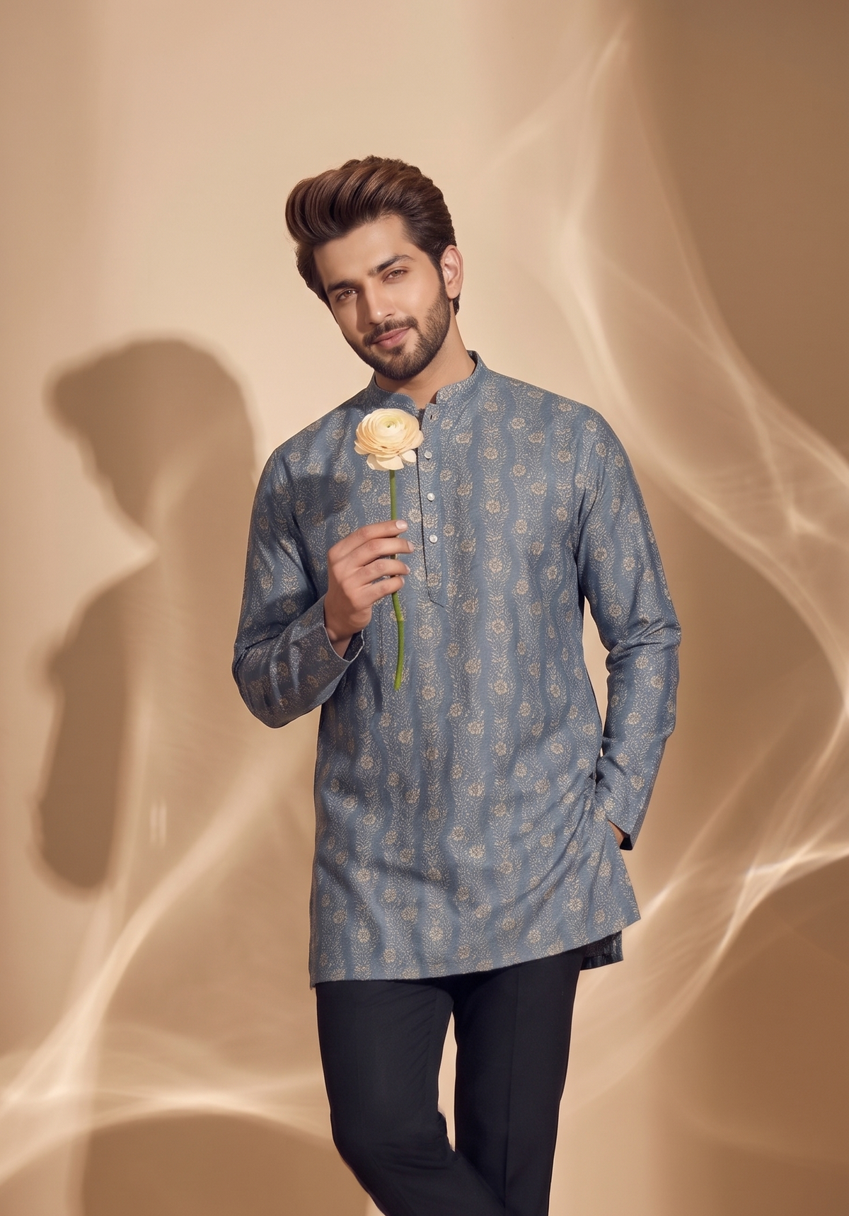 Steel Blue/Olive/Red  Floral Printed Short Kurta
