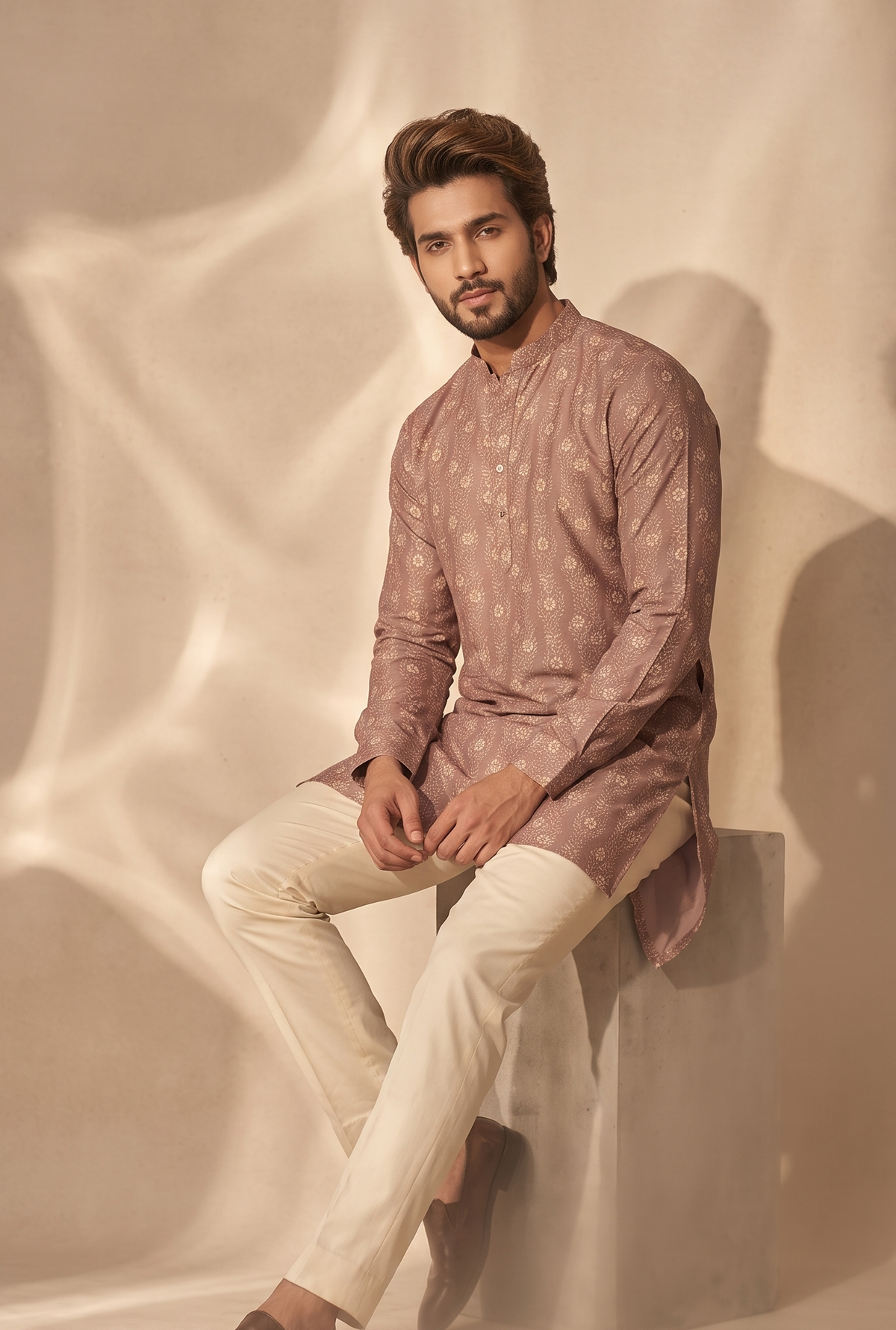 Steel Blue/Olive/Red  Floral Printed Short Kurta