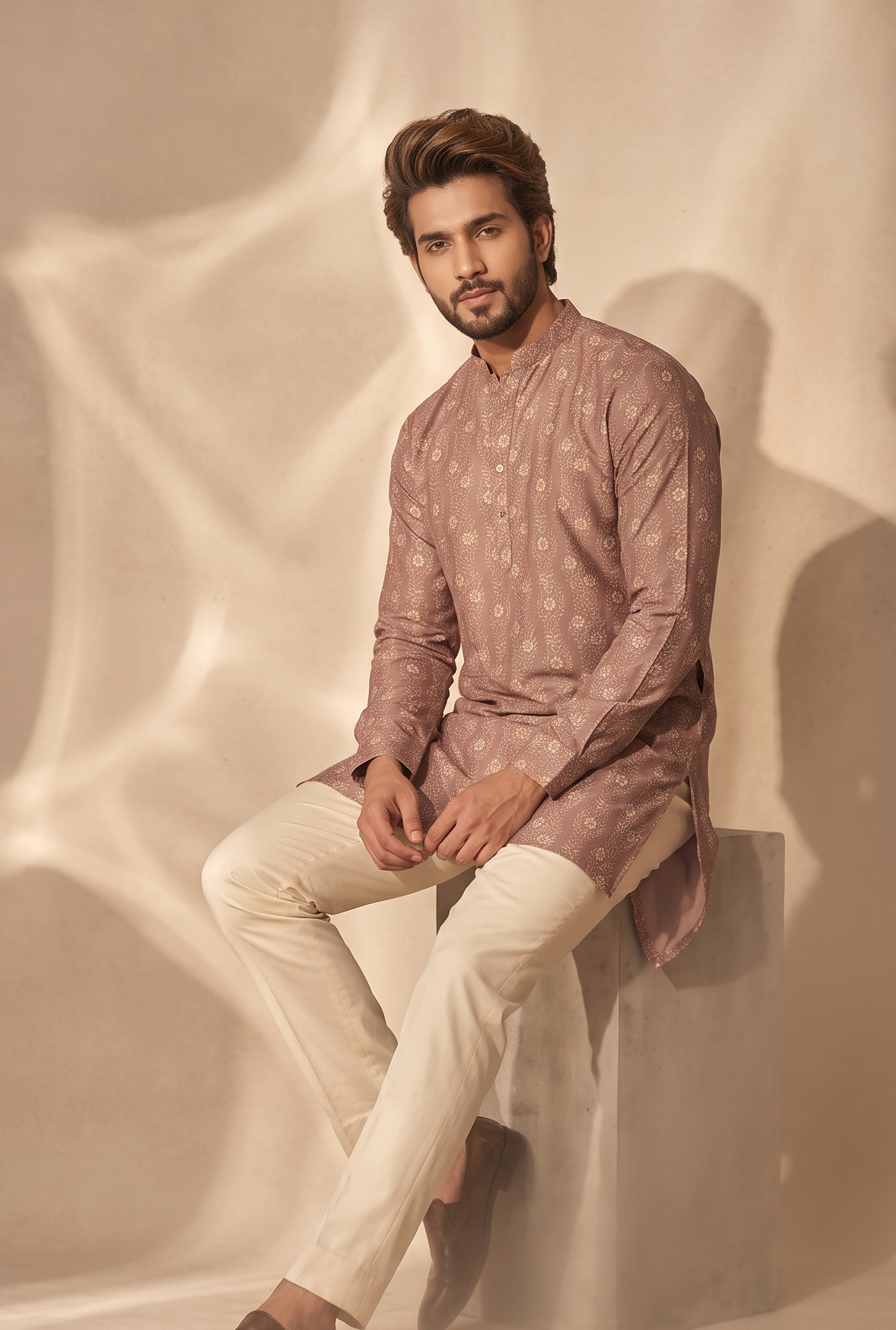 Steel Blue/Olive/Red  Floral Printed Short Kurta