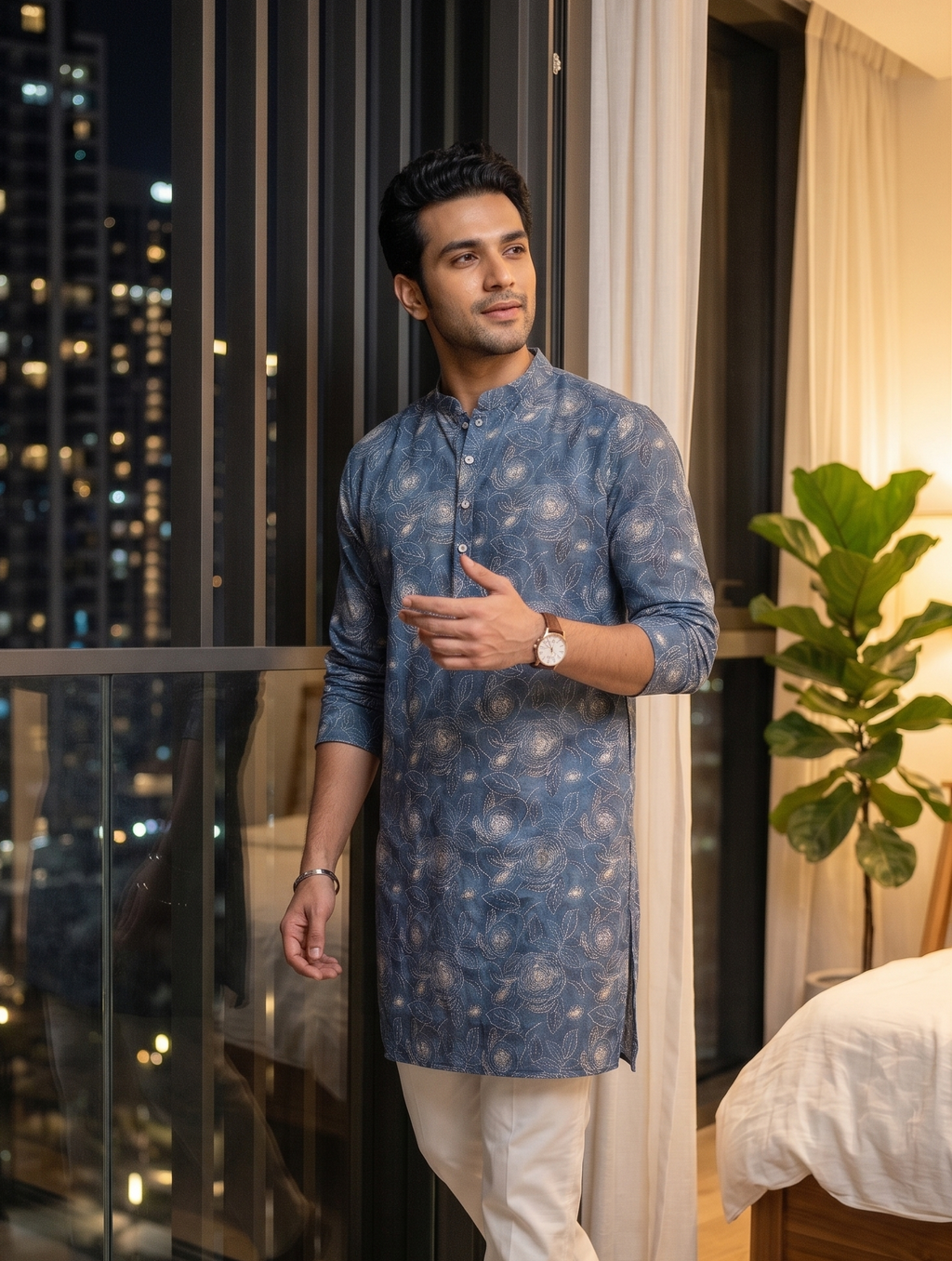Steel Blue Floral Outline Kurta