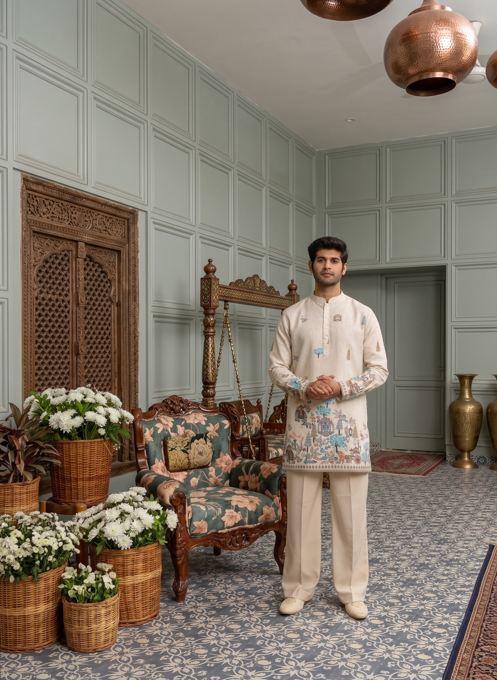 Cream/ivory textured fabric kurta