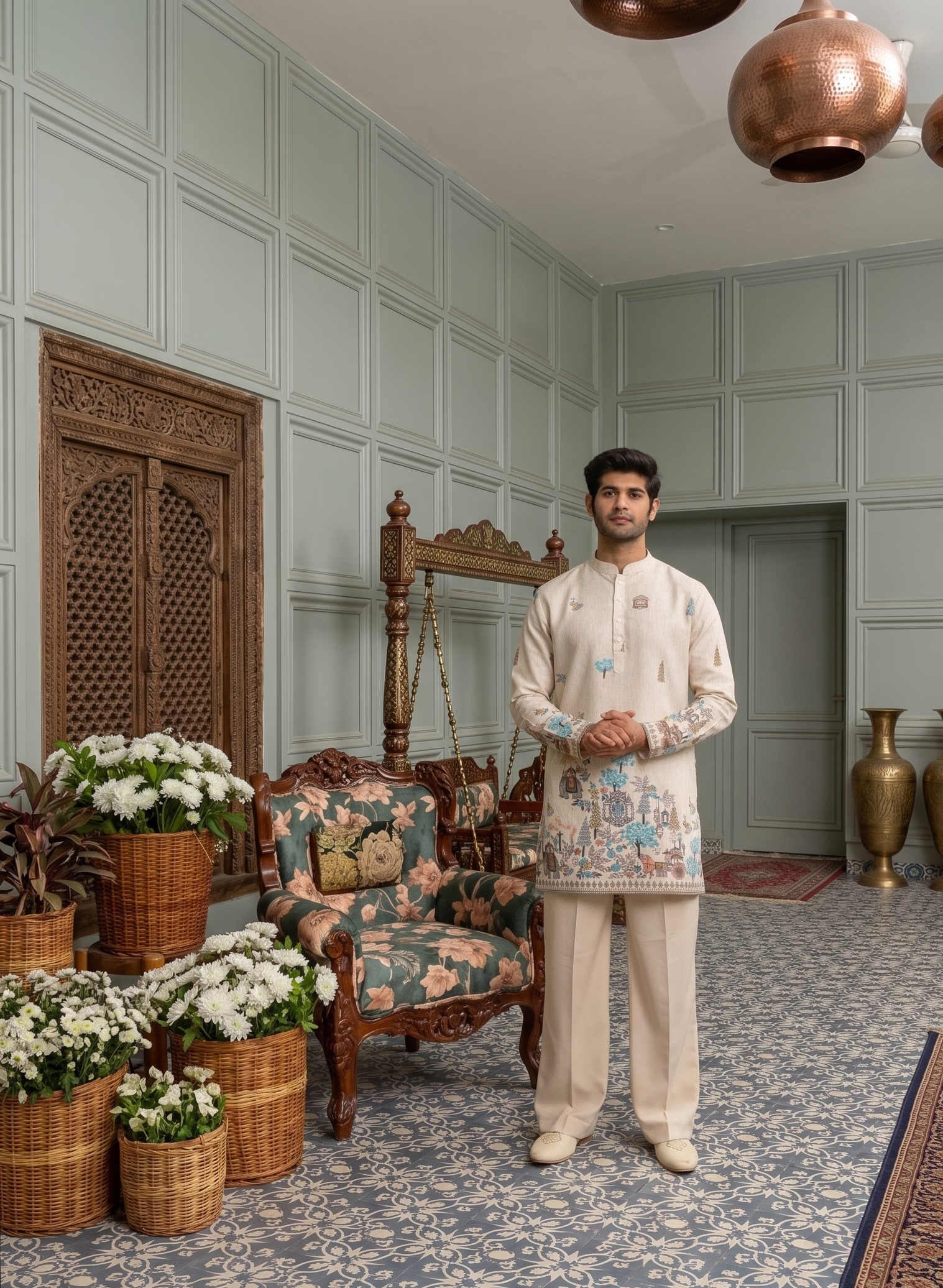 Cream/ivory textured fabric kurta