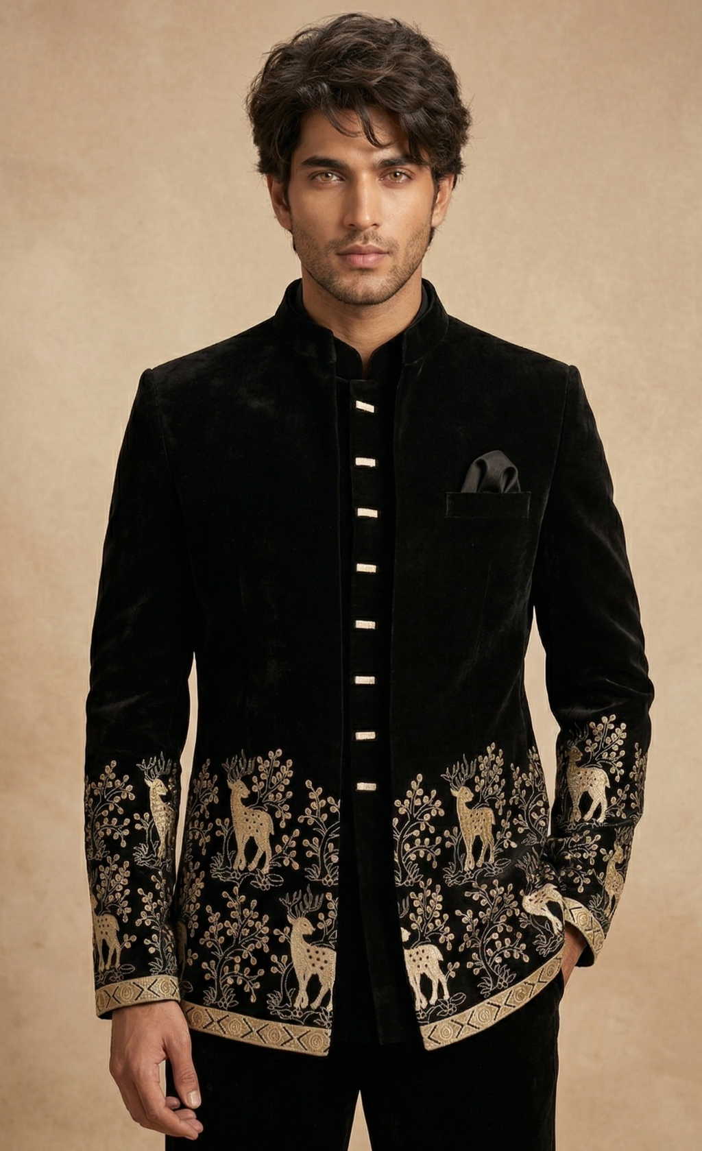 Black Velvet Deer & Forest Embroidered Jodhpuri Sherwani Set