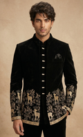 Black Velvet Deer & Forest Embroidered Jodhpuri Sherwani Set