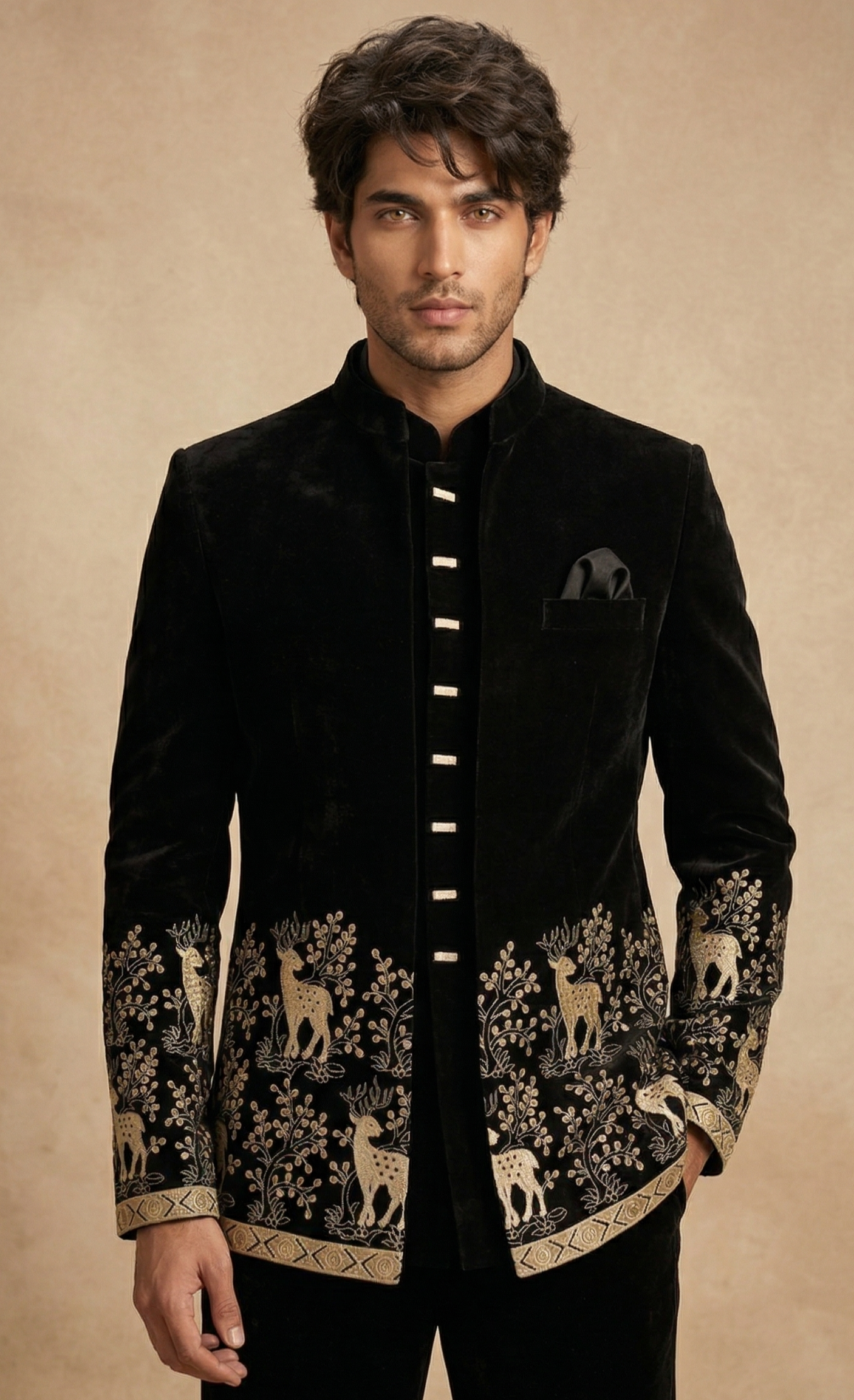 Black Velvet Deer & Forest Embroidered Jodhpuri Sherwani Set