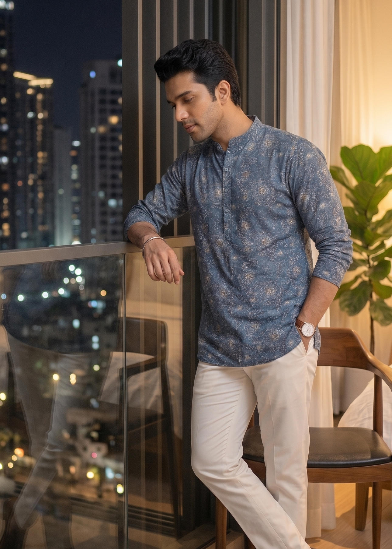 Steel Blue Floral Outline Kurta
