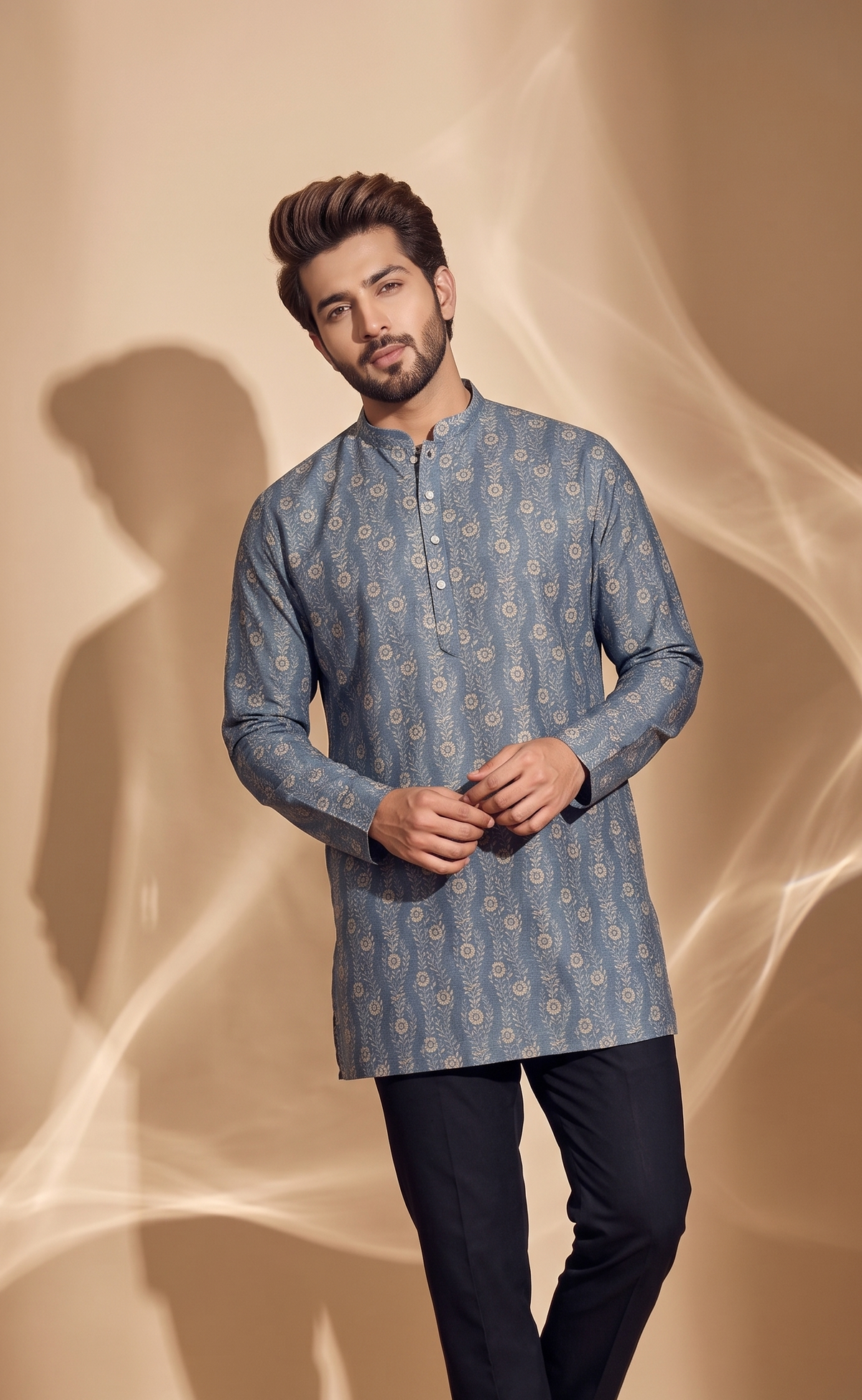 Steel Blue/Olive/Red  Floral Printed Short Kurta