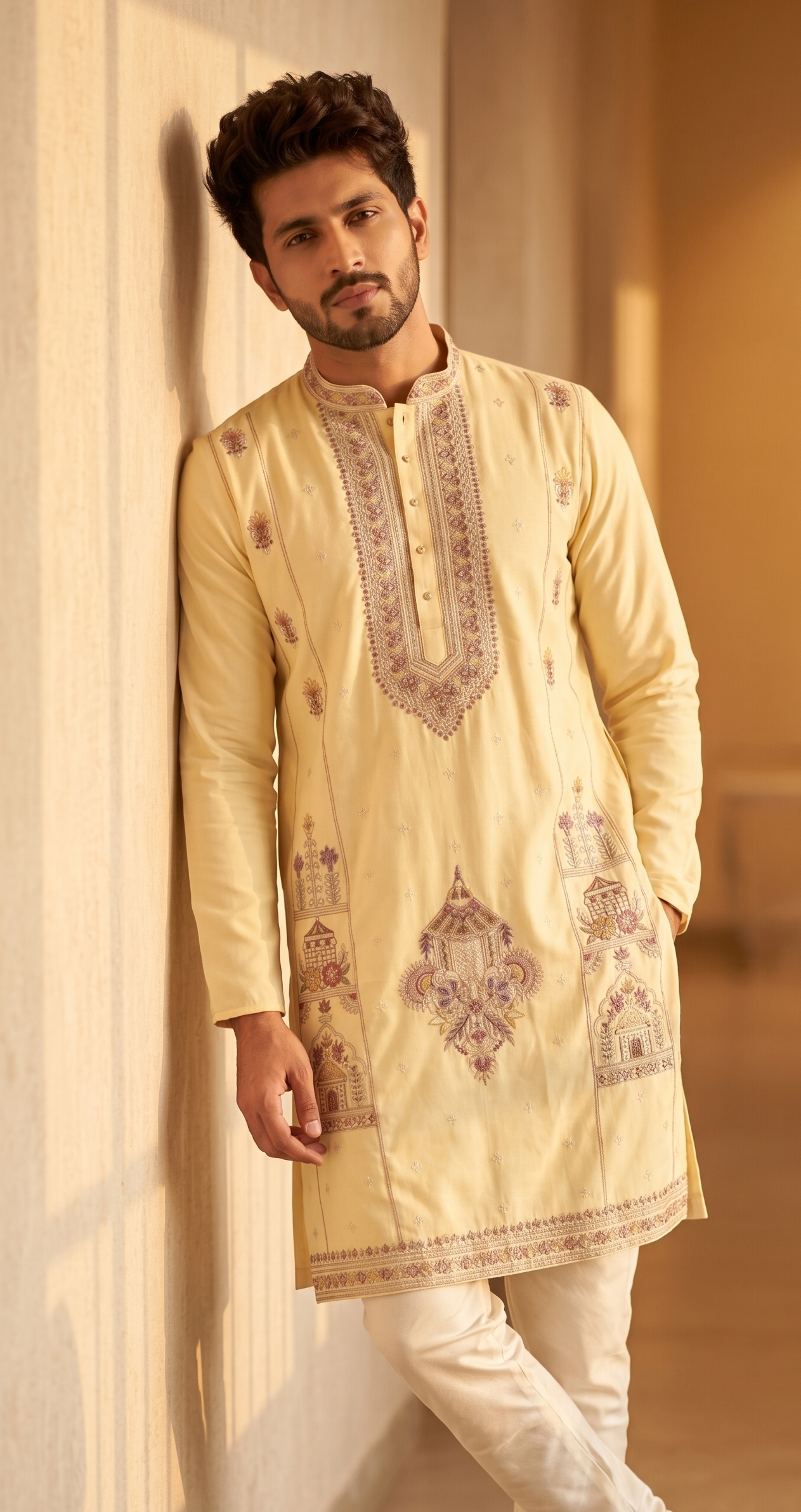 Cream Mughal Architectural Embroidered Kurta