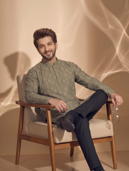 Steel Blue/Olive/Red  Floral Printed Short Kurta