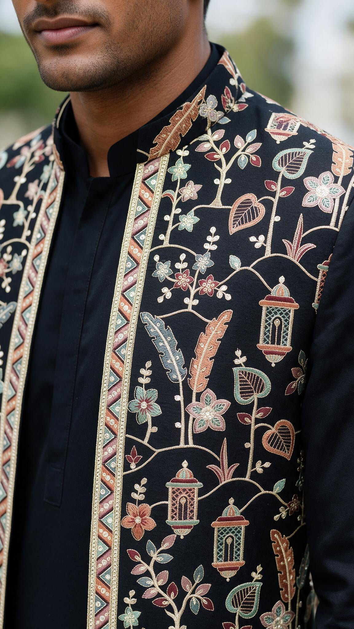 The Black Fanoos Sherwani - close up