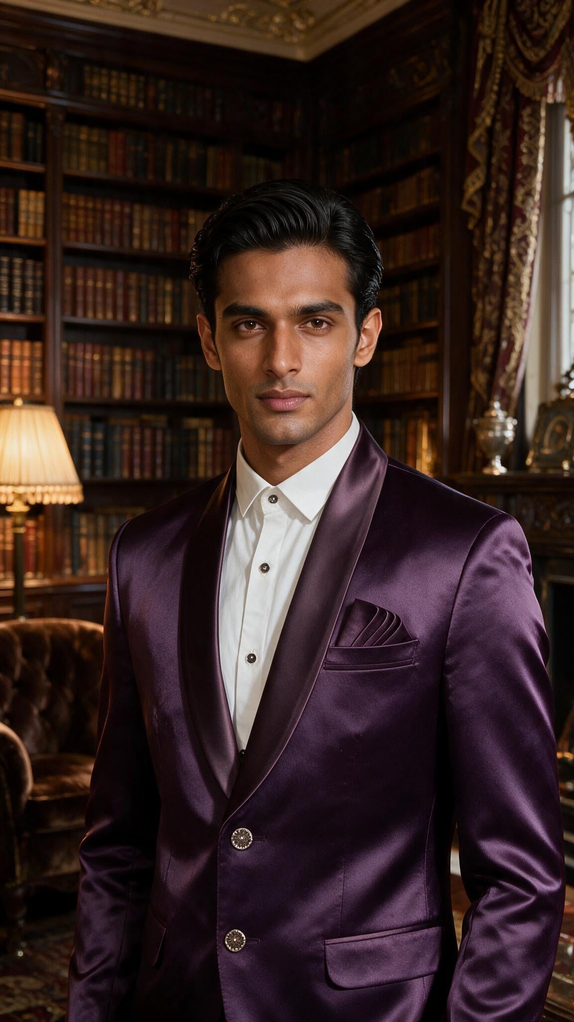 The Aubergine Satin Tuxedo - waist up