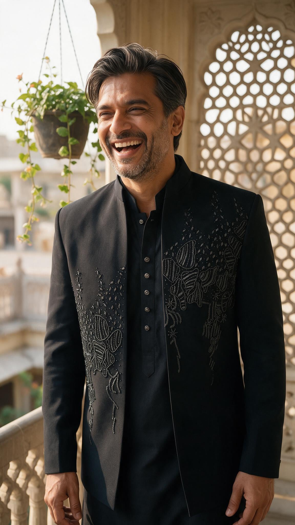 The Black Doh-Panna Sherwani - waist up