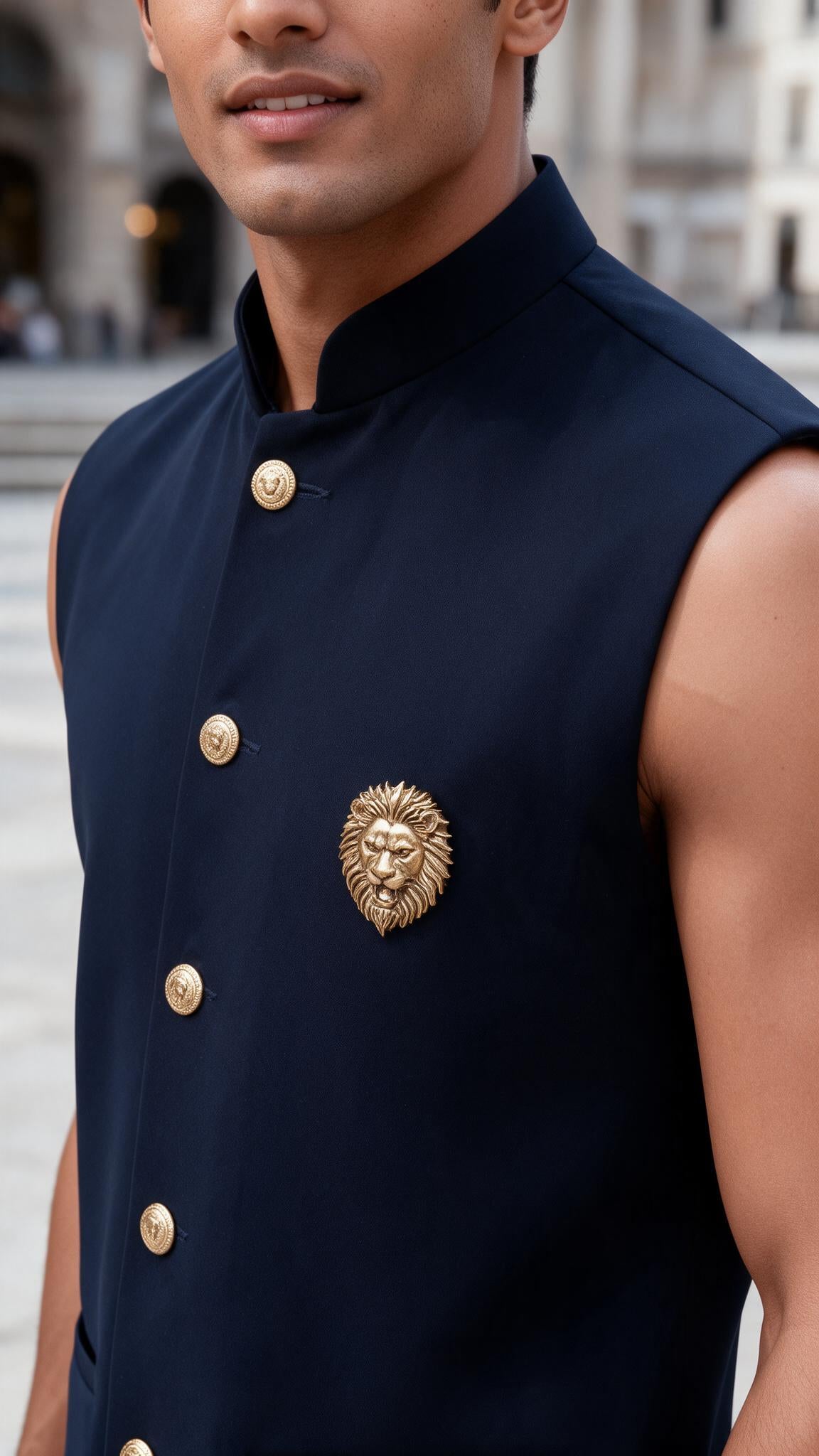 The Navy Sher Waistcoat - close up