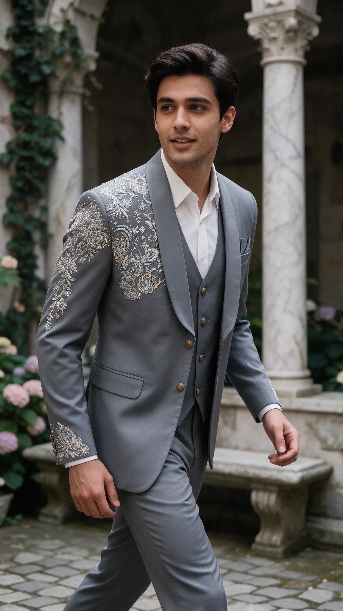 The Dove Grey Paisley Tuxedo - in motion