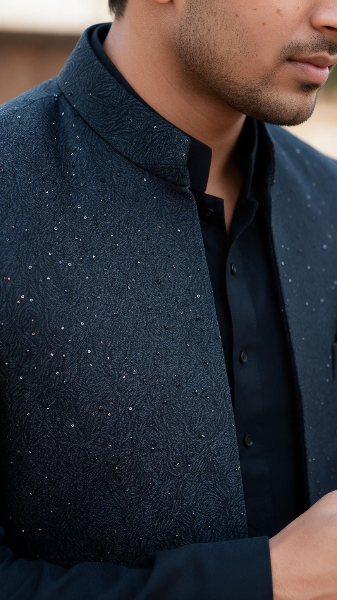 The Charcoal Sitara Sherwani - close up