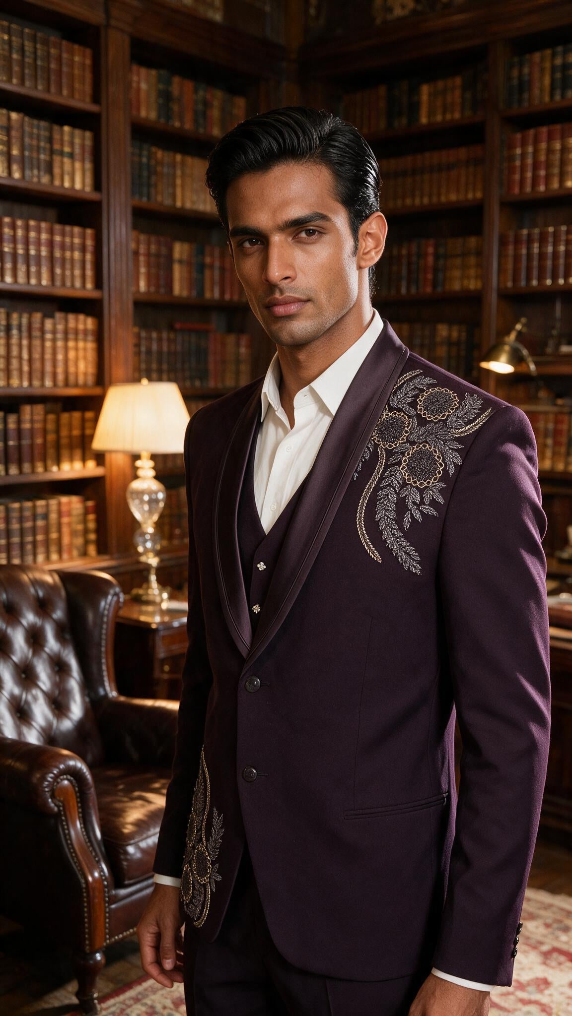 The Aubergine Scroll Tuxedo - waist up