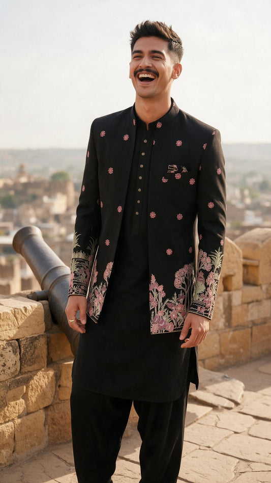The Black Gulab Sherwani - full length