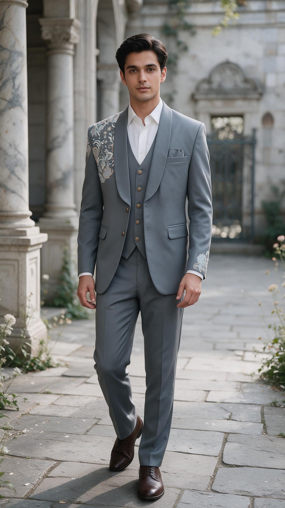 The Dove Grey Paisley Tuxedo - full length