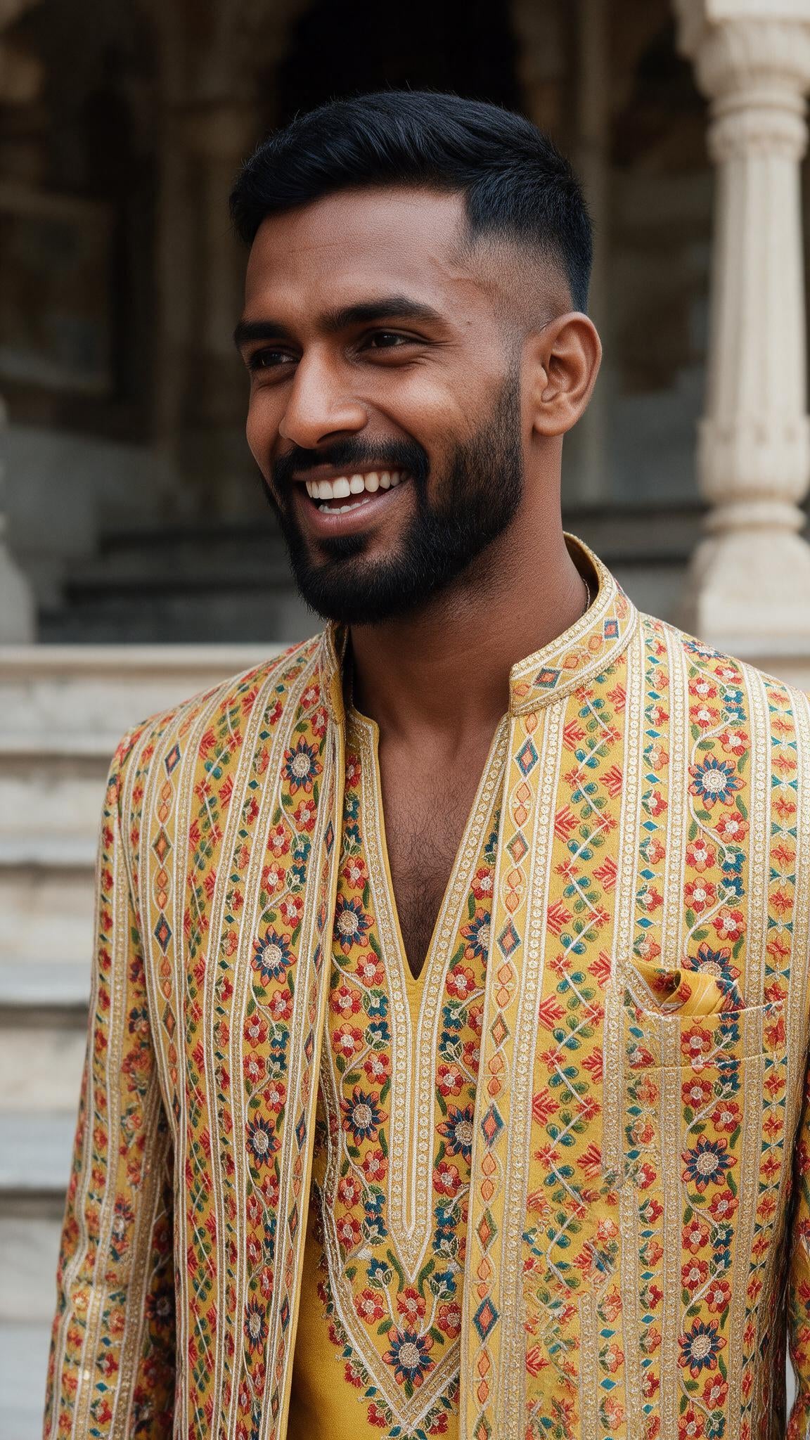 The Haldi Stripe Sherwani - waist up