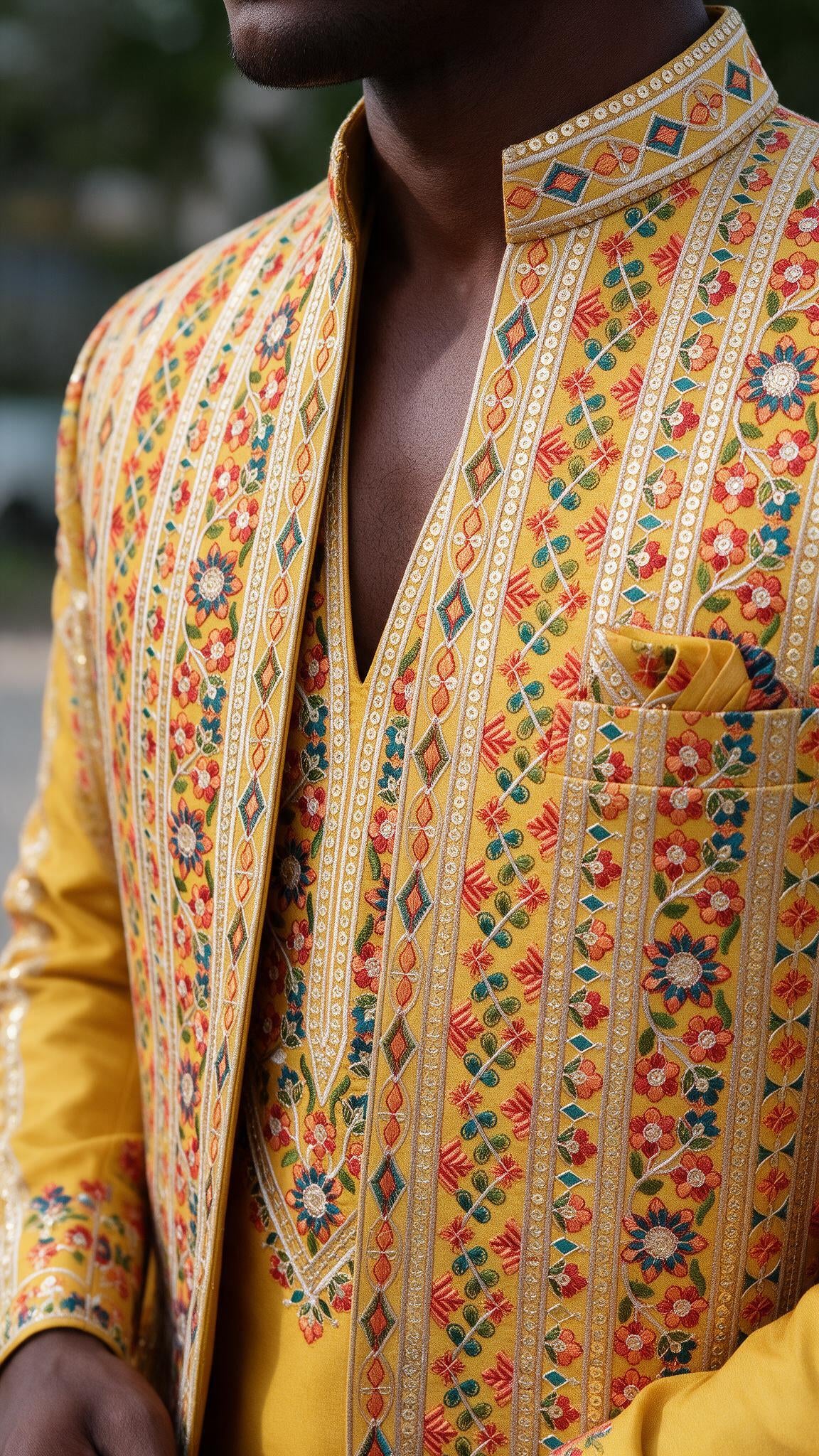 The Haldi Stripe Sherwani - close up