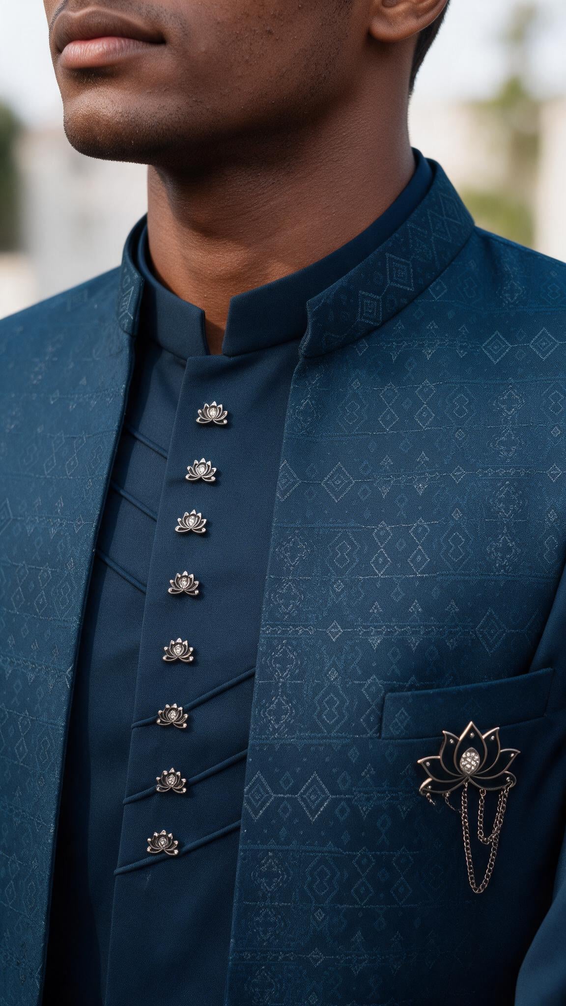 The Navy Kamal Sherwani - close up