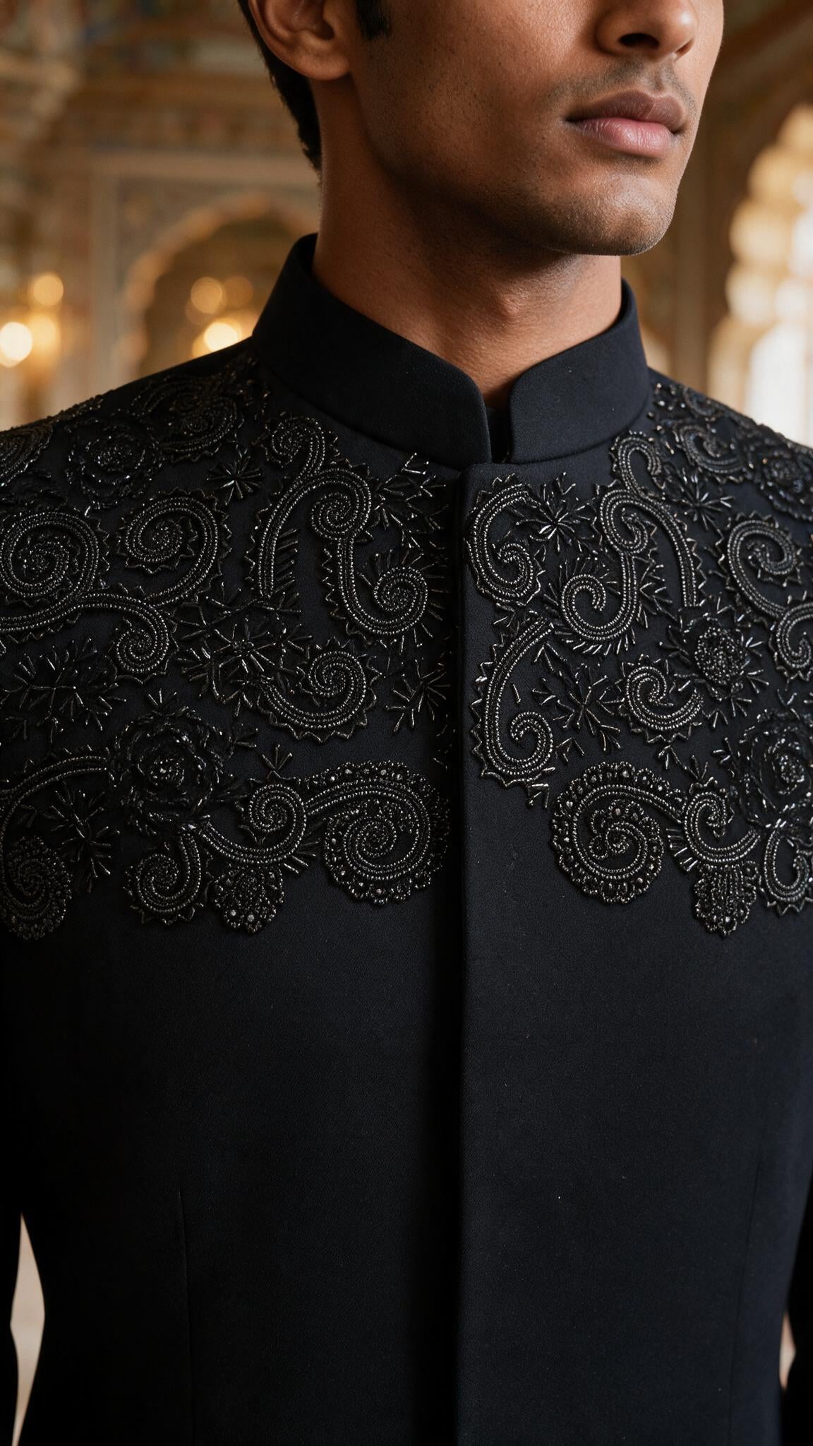 The Black Swirl Bandhgala - close up