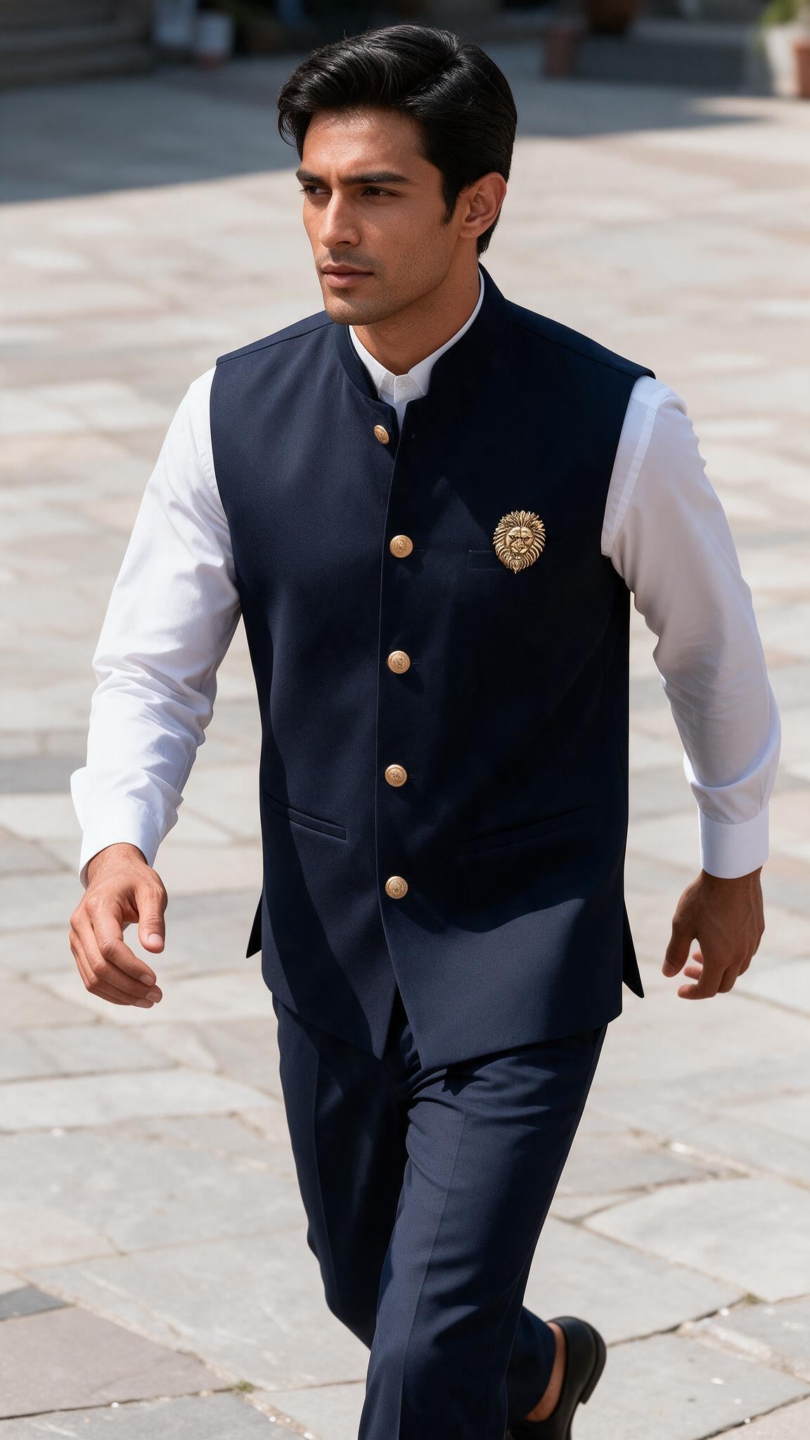 The Navy Sher Waistcoat - in motion