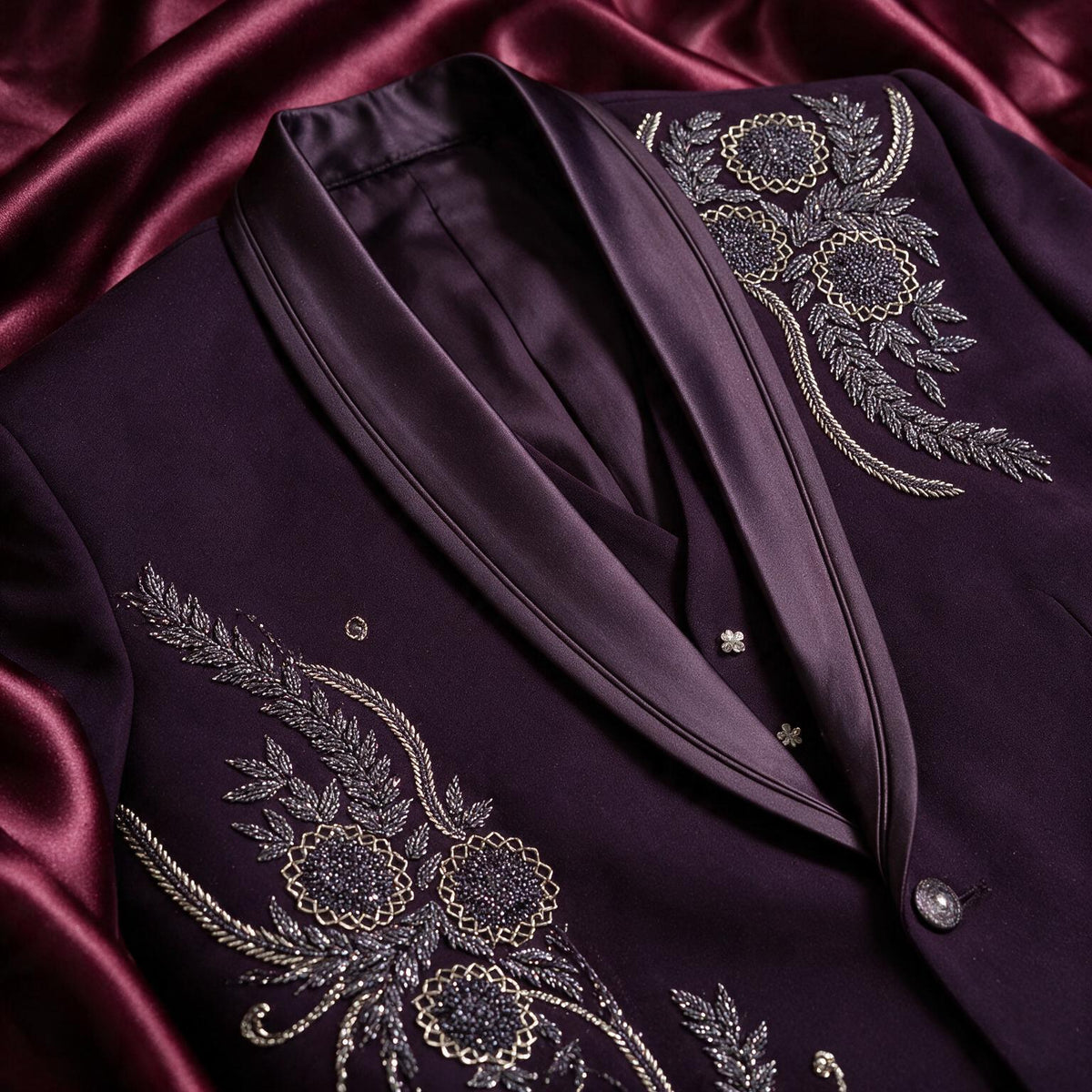 The Aubergine Scroll Tuxedo - fabric detail