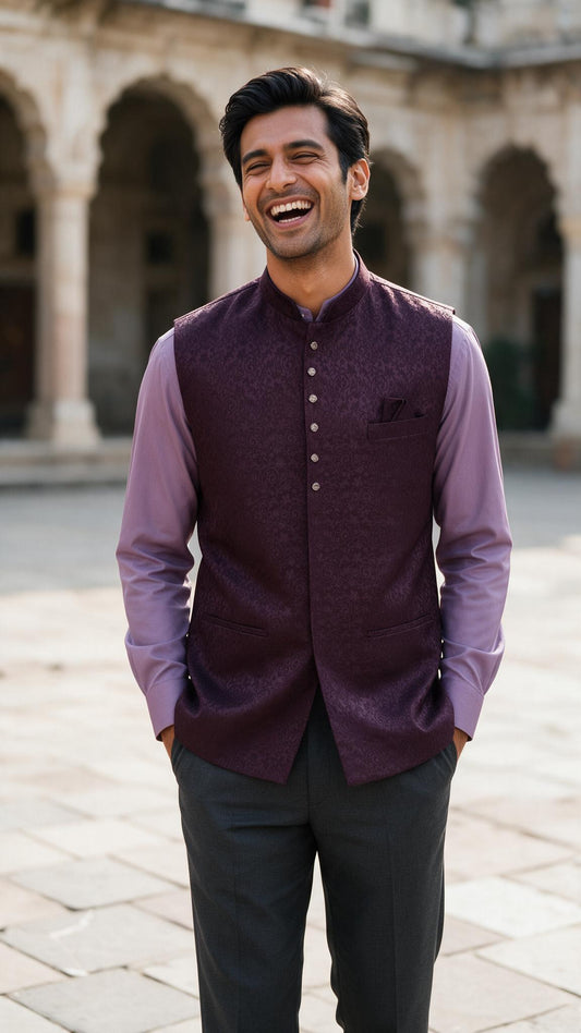 The Aubergine Damask Waistcoat - full length