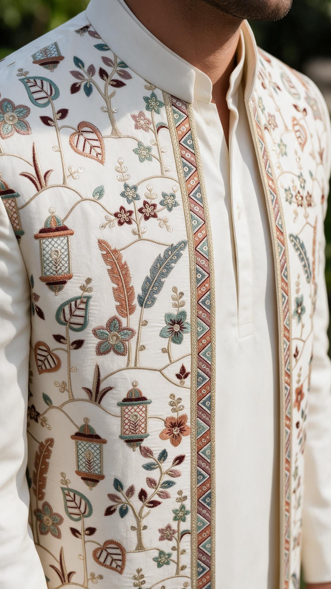 The Ivory Fanoos Sherwani - close up