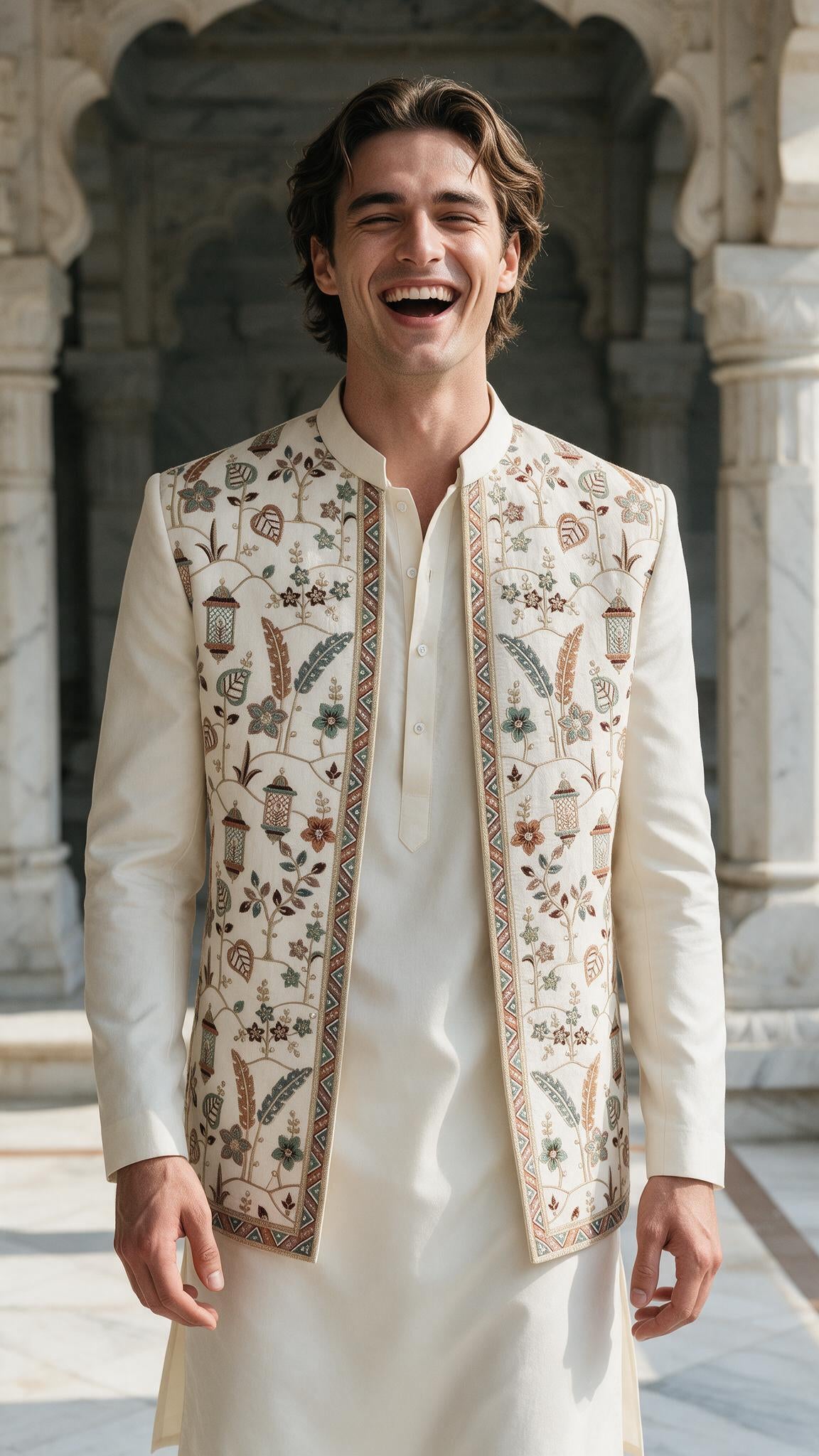 The Ivory Fanoos Sherwani - full length