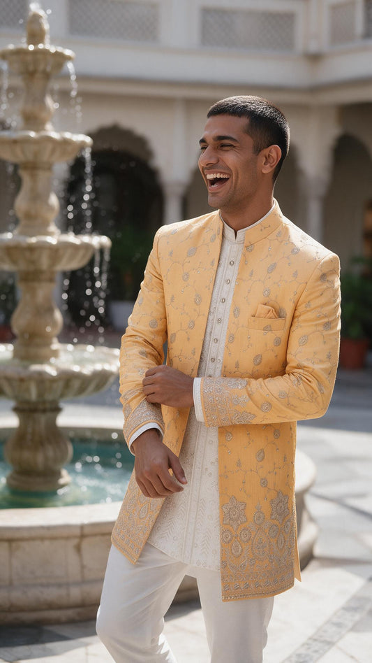The Saffron Bel Sherwani - full length