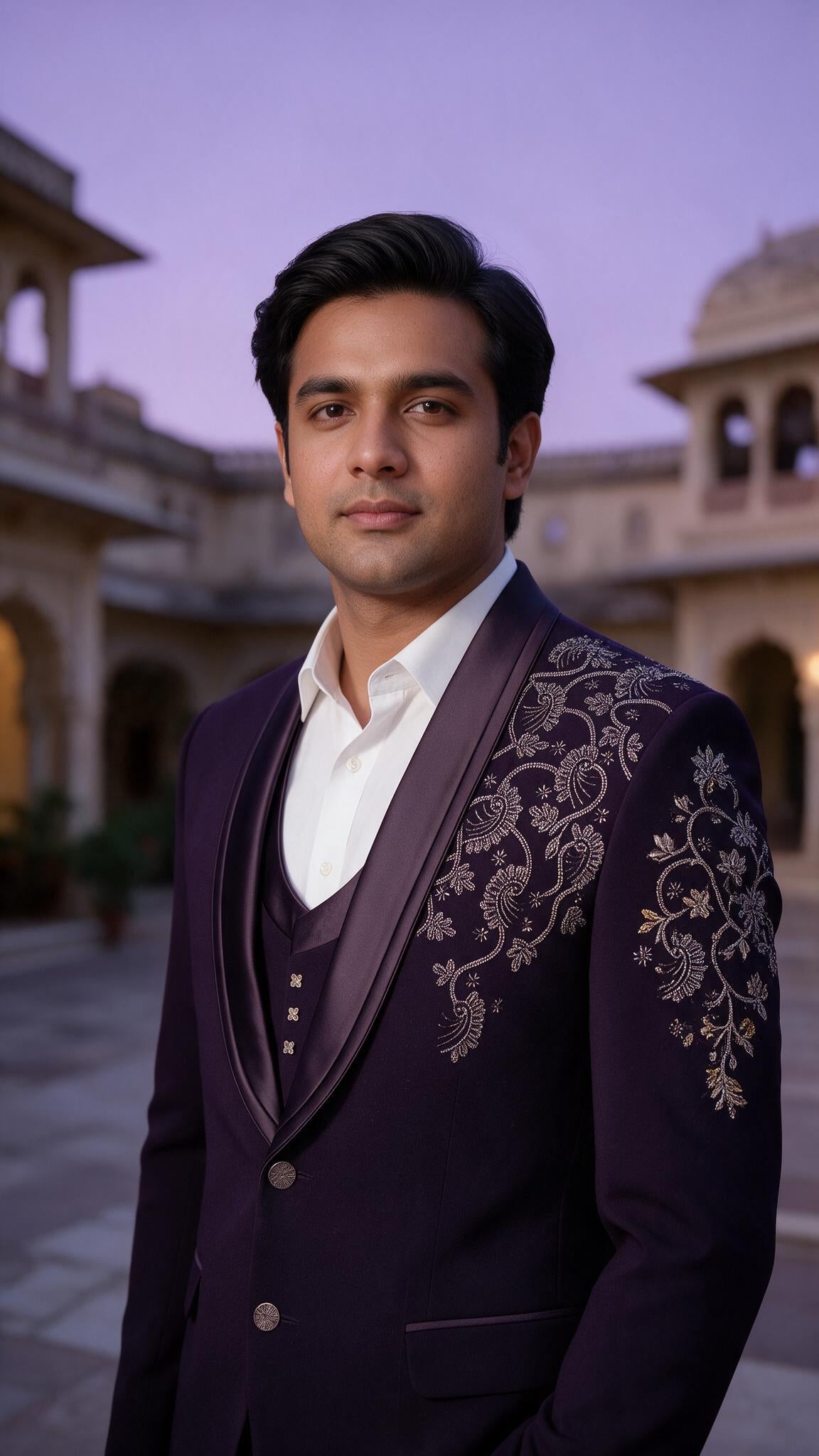 The Aubergine Bel Tuxedo - waist up